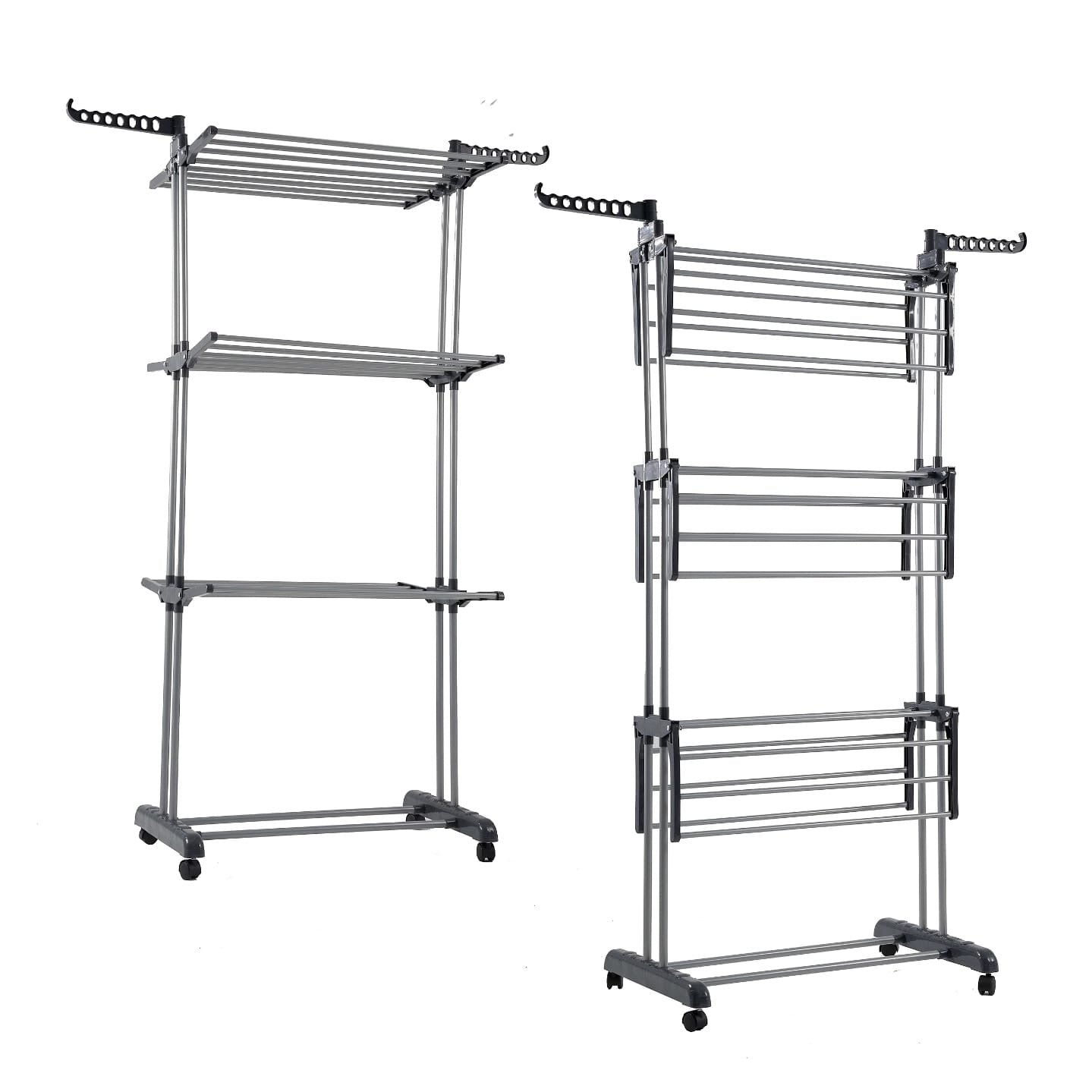 AMOS Clothes Drying Rack 4-Tier Foldable Airer Laundry Drying Stand With Wheels Indoor Outdoor Grey