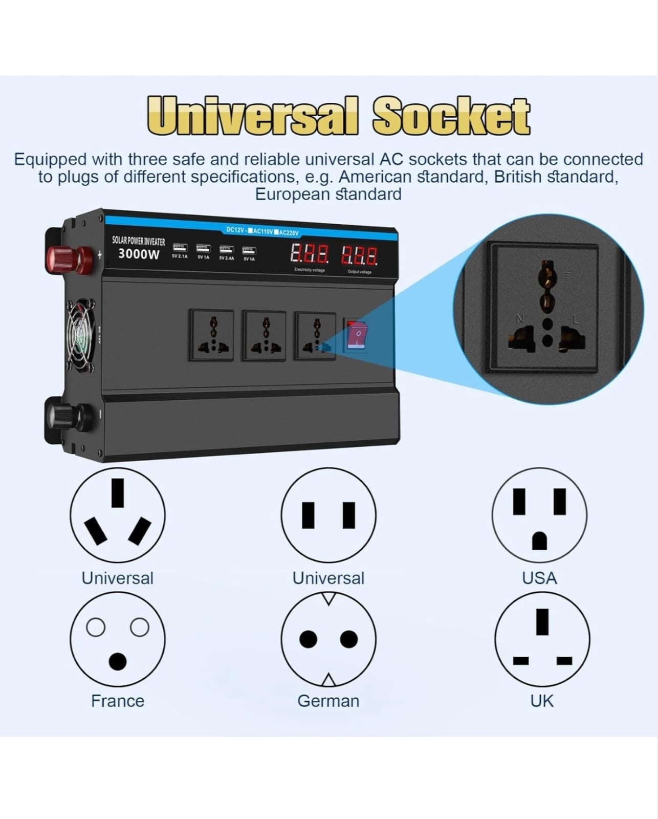 Seamuing 1500W Power Inverter DC 12V to AC 240V Modified Sine Wave Vehicle Inverters 3000W Peak Power Car Converter with 3 AC Plug Sockets & 4 USB Ports 5V/2.4A for Travel Camping RV Power Supply