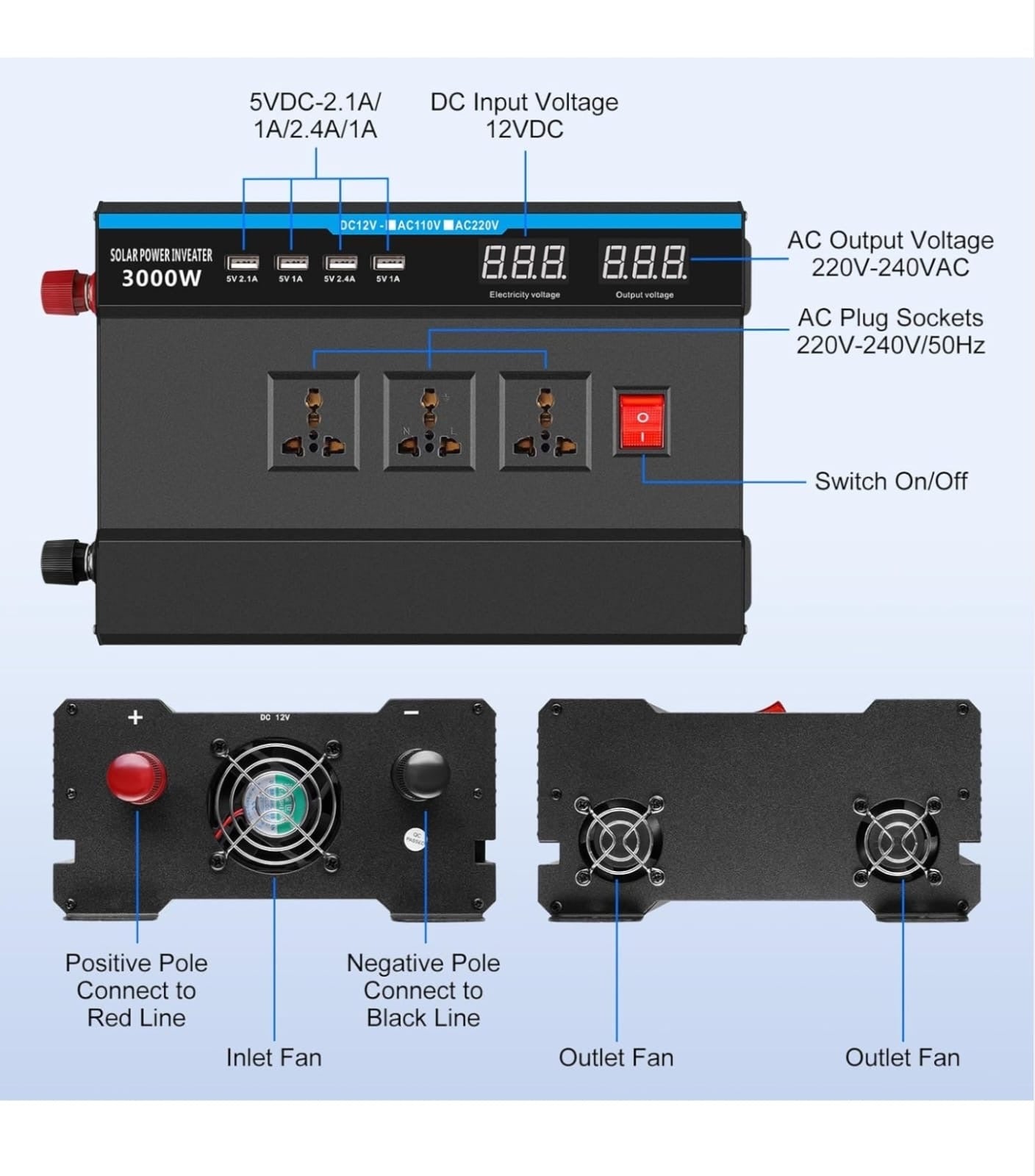 Seamuing 1500W Power Inverter DC 12V to AC 240V Modified Sine Wave Vehicle Inverters 3000W Peak Power Car Converter with 3 AC Plug Sockets & 4 USB Ports 5V/2.4A for Travel Camping RV Power Supply