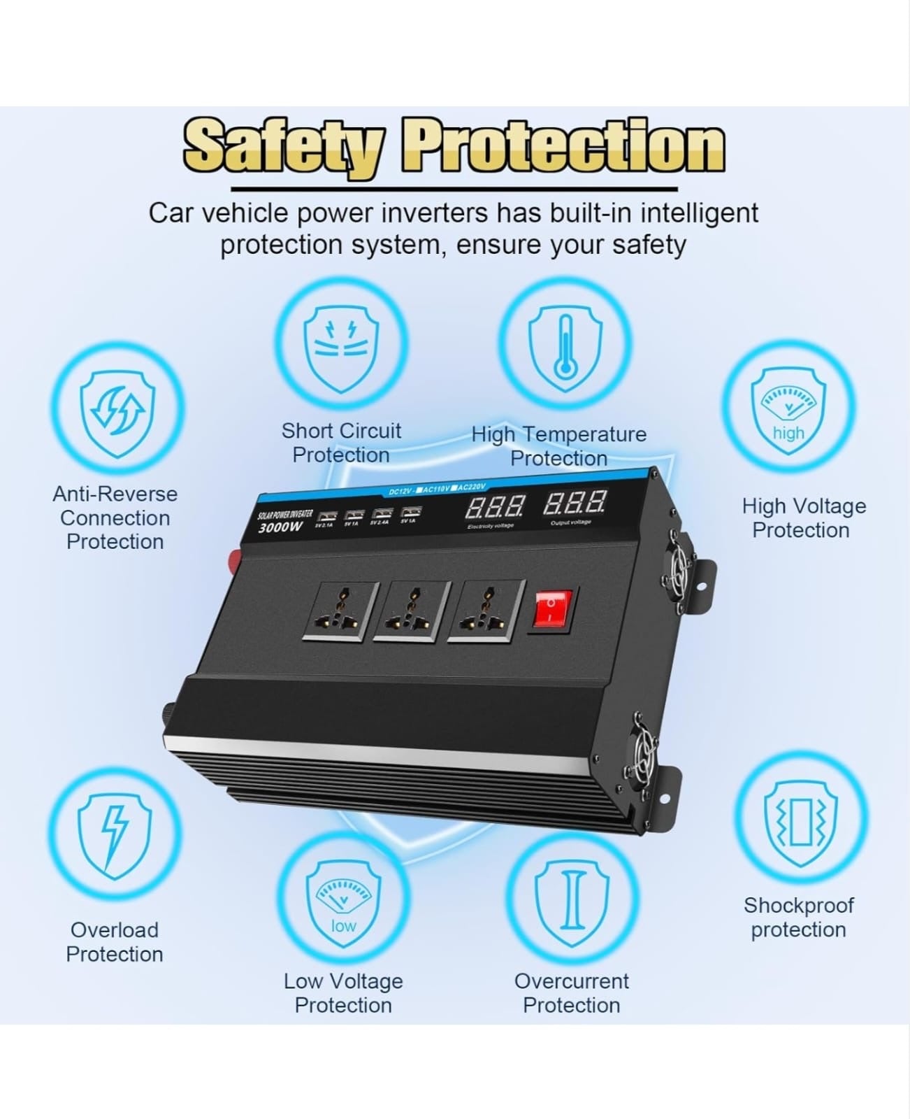 Seamuing 1500W Power Inverter DC 12V to AC 240V Modified Sine Wave Vehicle Inverters 3000W Peak Power Car Converter with 3 AC Plug Sockets & 4 USB Ports 5V/2.4A for Travel Camping RV Power Supply