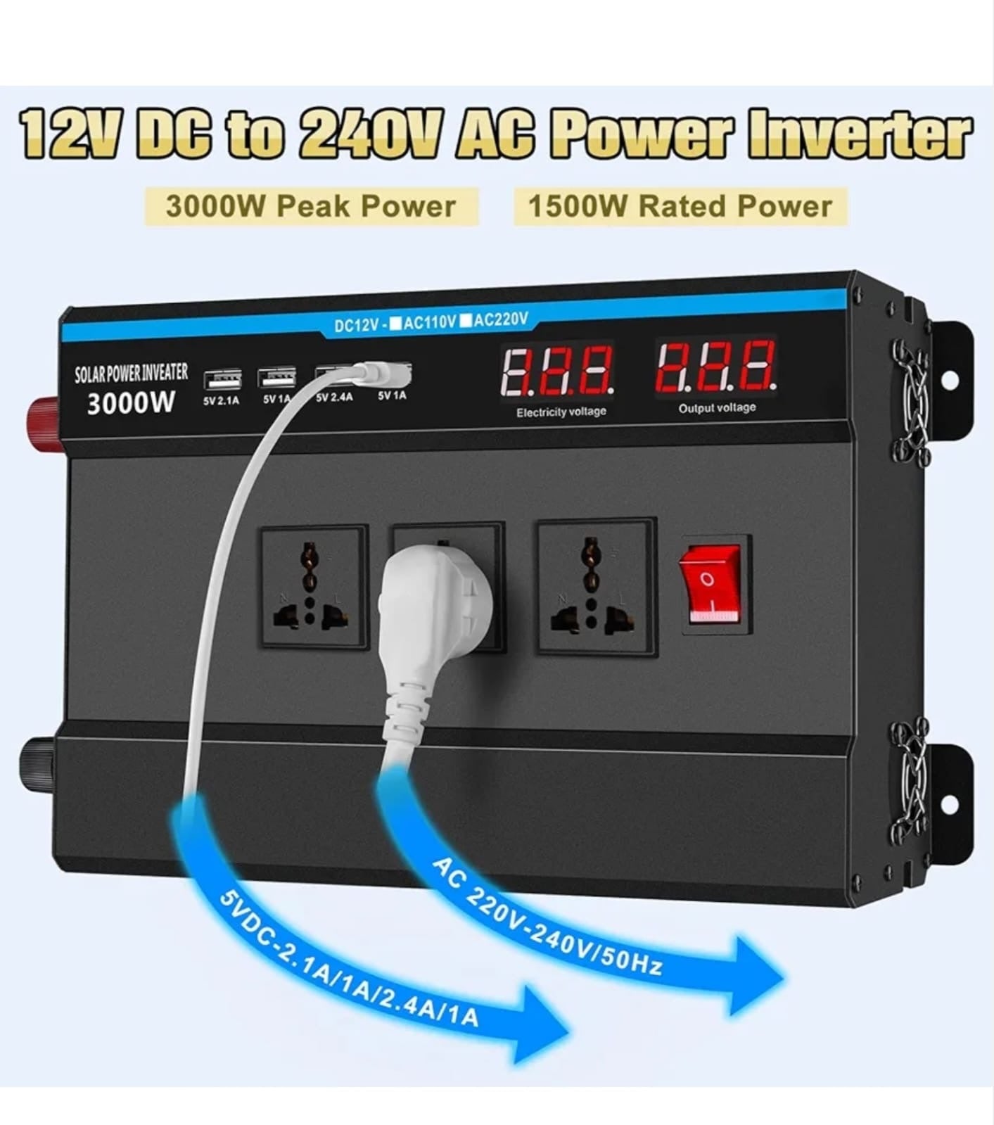 Seamuing 1500W Power Inverter DC 12V to AC 240V Modified Sine Wave Vehicle Inverters 3000W Peak Power Car Converter with 3 AC Plug Sockets & 4 USB Ports 5V/2.4A for Travel Camping RV Power Supply